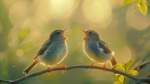 Two birds singing on a branch at sunrise, spring nature background. Concept of love, new life, and spring photo