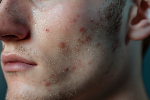 Close-up of man's face with acne and facial hair photo