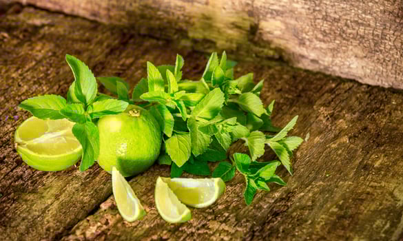 Lime with mint close up on wooden background. Mojito. Fresh citrus fruits. photo