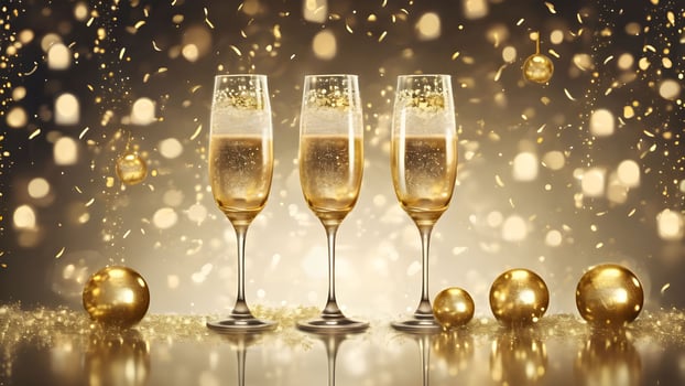 Close up three champagne glasses on table adorned gold ball, confetti, golden sparkle and yellow bokeh light background. Celebrate moment event scene. photo