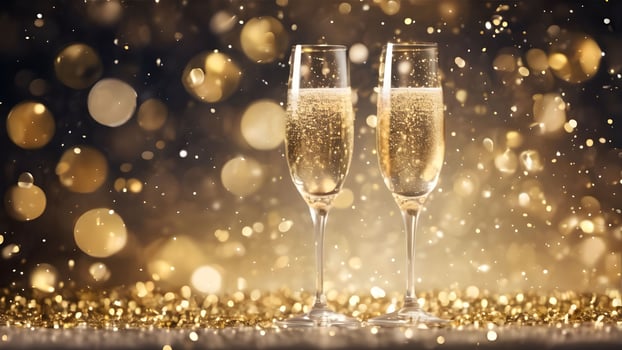 Close up two champagne glasses on table adorned gold confetti, golden sparkle and yellow bokeh light background. Celebrate moment event scene. photo