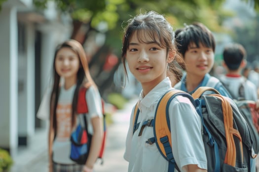asian teen Students walking to school together, looking to camera. photo