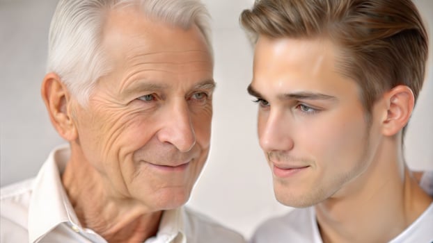 Portrait of senior man with his son at home, focus on man photo