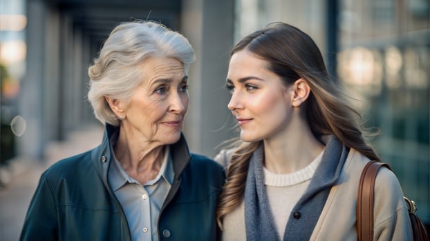 Mature woman with her adult daughter in the city. They are looking at each other and smiling. photo