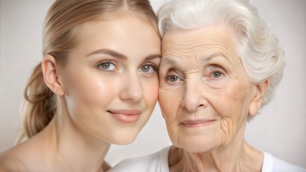 Portrait of senior woman and her granddaughter looking at camera on light background photo