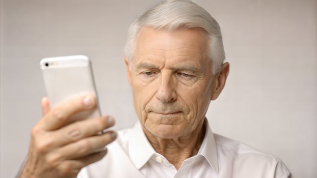 Senior man using mobile phone, focus on face. Closeup portrait of senior man using smartphone, blurred background photo