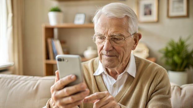 Senior man using mobile phone at home in the living room, looking at the screen and smiling photo