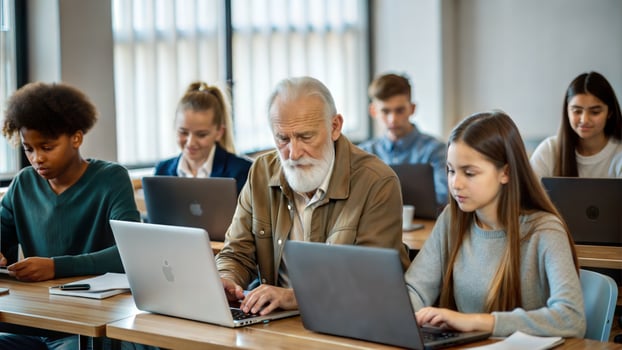 Group of students and teacher working on laptop computer at university classroom. photo