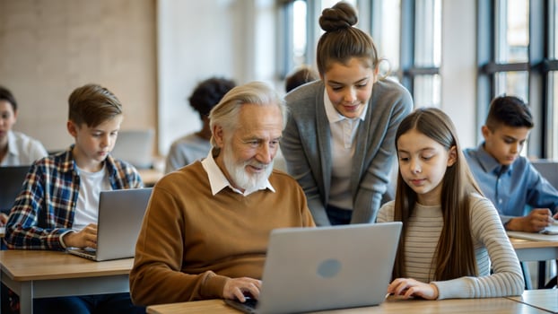 Mature teacher and students using laptop computer in classroom. Education, technology and people concept photo
