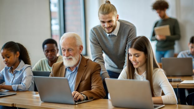 Group of multiethnic students using laptop in classroom. Education and technology concept photo