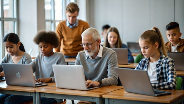 Group of students and teacher in classroom using laptop computers during a lesson photo
