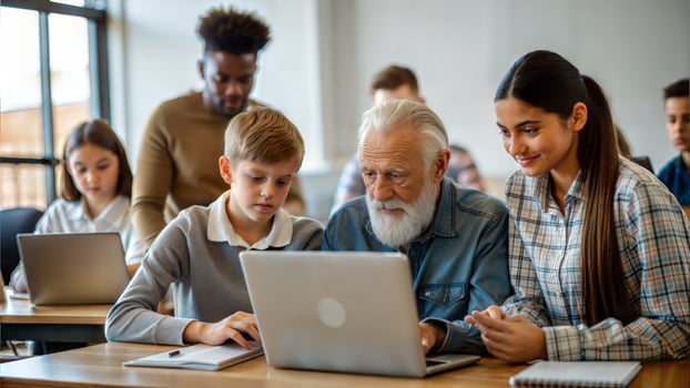 education, technology and people concept - group of smiling students and teacher with laptop computer in classroom photo