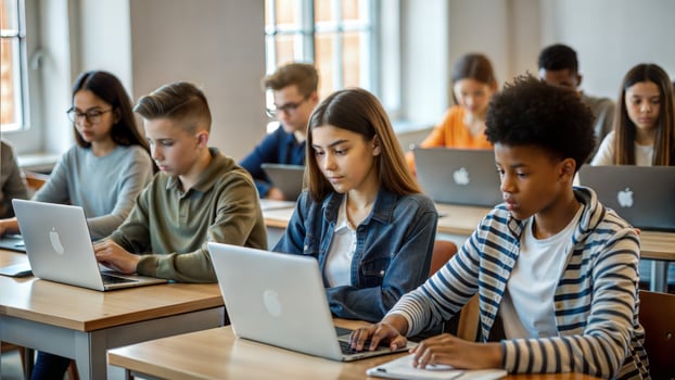 Group of students sitting at the desks and using laptop in the classroom photo