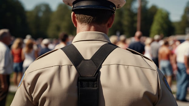policeman back view, crowd of people, city streets protest. Labor Day photo