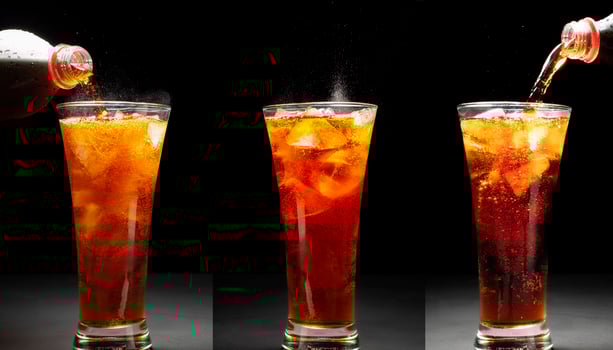 Set of black soft drinks. Close-up of pouring soft drinks with ice in a glass. Placed on a black and dark background. photo