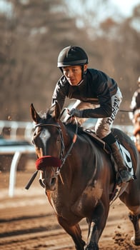 Asian male jockey in racing gear riding a horse. Concept of horse racing, equestrian sport, competitive jockey, athlete. Vertical photo