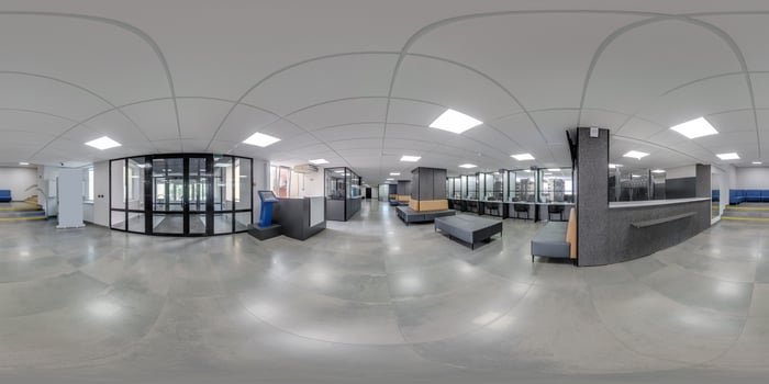 hdri 360 panorama view in empty modern hall of reception and doors in administrative building in full seamless spherical equirectangular projection, ready for AR VR content photo