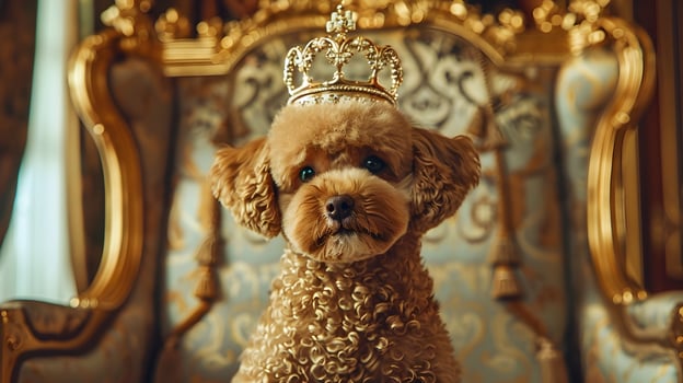 Poodle Wearing Ornate Crown in Opulent Royal Castle Throne Room photo