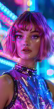 Stylish Woman With Pink Hair in Neon Dress photo