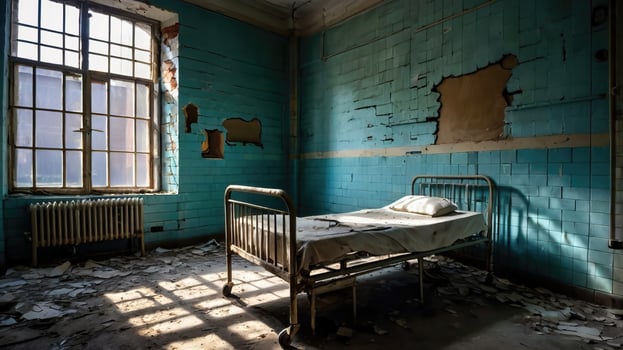 Old abandoned hospital room with worn beds and damaged walls photo