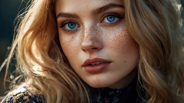 Beautiful young girl with lovely face with freckles, deep blue eyes and blonde hair, photo
