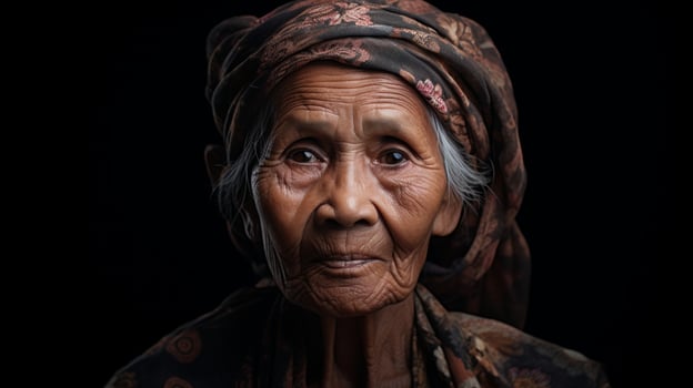 Portrait of an old Asian woman on a dark background. Neural network photo