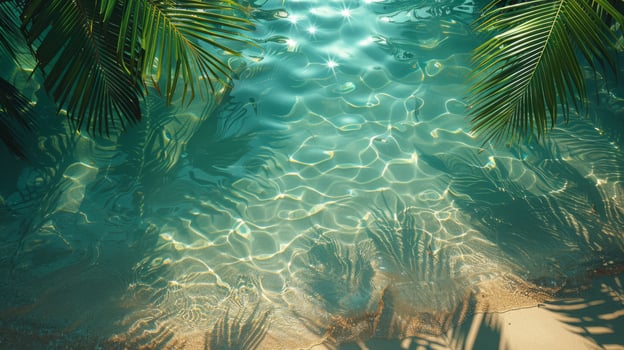 Aerial view of a tropical beach with clear water, golden sand, and lush greenery. Perfect for travel vibes. photo