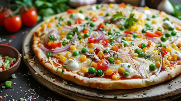A delicious vegan pizza is beautifully presented on a wooden table, garnished with fresh corn, peas, red onions, bell peppers, tomatoes, and herbs, making it a colorful and appetizing dish photo