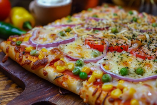 Savor the rich flavors of a homemade vegetarian pizza topped with an array of fresh vegetables, including red onions, bell peppers, corn, peas, and a blend of melted cheese photo