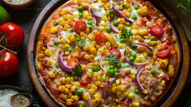 Savor the delightful vegan pizza with corn, tomatoes, onions, peas, and fresh herbs. Its a nutritious choice for vegetarians and vegans, appealing to those seeking a wholesome and flavorful meal photo