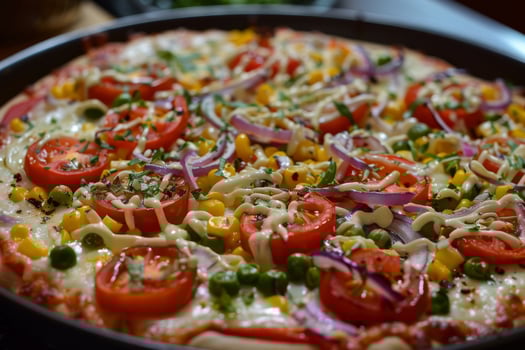 Enjoy the delicious flavors of a vegetarian pizza with fresh tomatoes, onions, and green peas on a crispy crust from a nearby pizzeria. Add basil, herbs, parsley, and spices for an extra kick photo