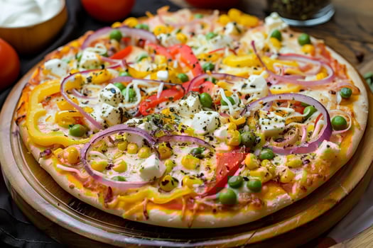 Enjoy the delicious flavors of a vegetarian pizza with fresh tomatoes, onions, and green peas on a crispy crust from a nearby pizzeria. Add basil, herbs, parsley, and spices for an extra kick photo
