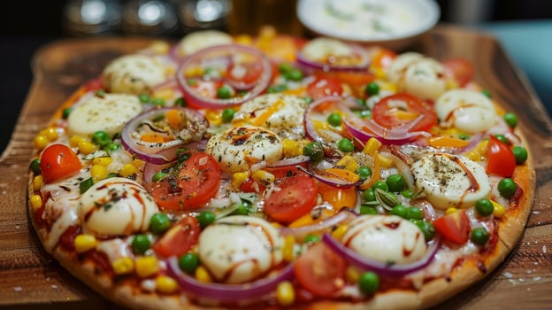 Enjoy the delicious flavors of a vegetarian pizza with fresh tomatoes, onions, and green peas on a crispy crust from a nearby pizzeria. Add basil, herbs, parsley, and spices for an extra kick photo