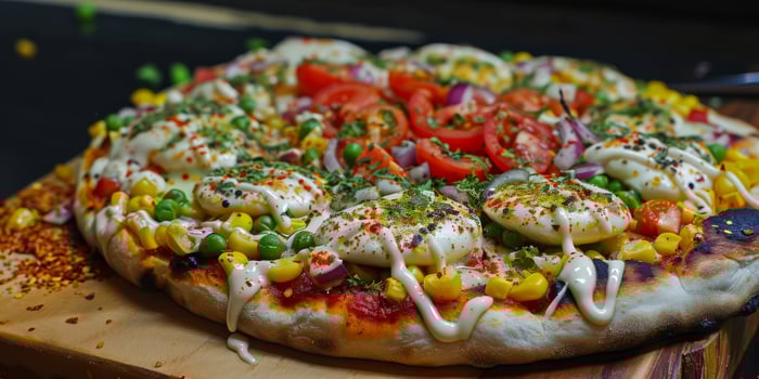 Enjoy the delicious flavors of a vegetarian pizza with fresh tomatoes, onions, and green peas on a crispy crust from a nearby pizzeria. Add basil, herbs, parsley, and spices for an extra kick photo