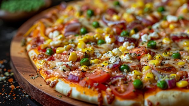 Enjoy the delicious flavors of a vegetarian pizza with fresh tomatoes, onions, and green peas on a crispy crust from a nearby pizzeria. Add basil, herbs, parsley, and spices for an extra kick photo