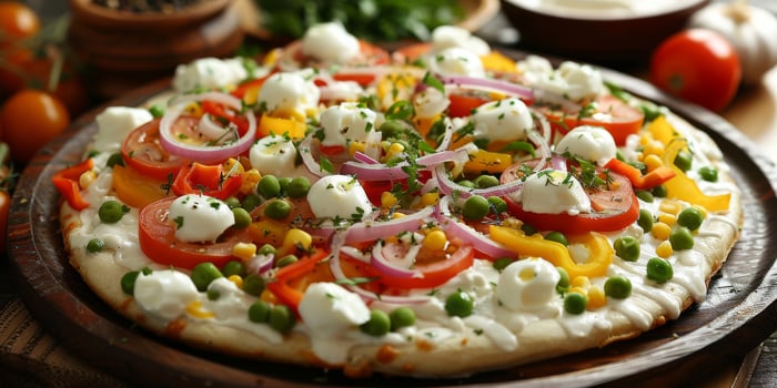 Enjoy the delicious flavors of a vegetarian pizza with fresh tomatoes, onions, and green peas on a crispy crust from a nearby pizzeria. Add basil, herbs, parsley, and spices for an extra kick photo