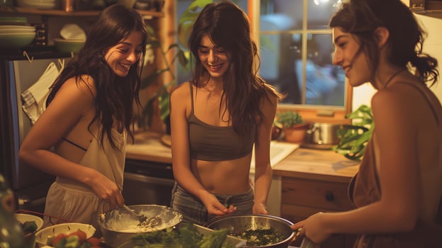 Friends having a fun and messy taco night at home photo