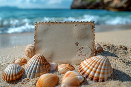 Vintage postcard mockup on sandy beach with seashells, ocean waves, and a lighthouse stamp photo