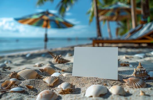 Blank card on a sandy beach with seashells, palm trees, and colorful umbrellas, tropical vibe photo