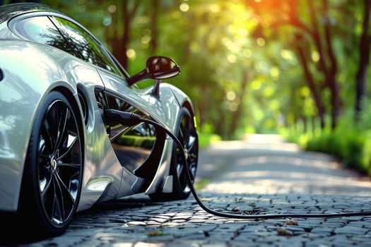 Sleek silver electric sports car charging on a scenic forest road during sunset, showcasing eco-friendly transport. photo