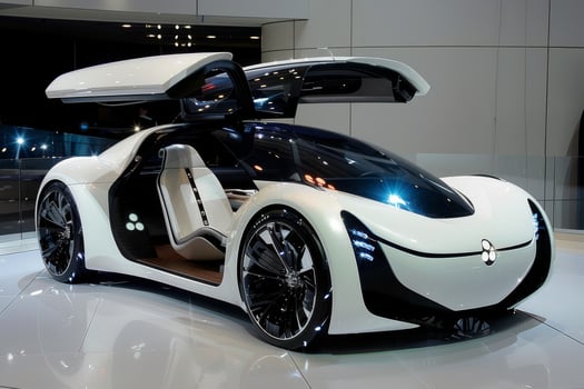 Sleek white electric concept car featuring gullwing doors showcased at an autoshow under bright lights. photo