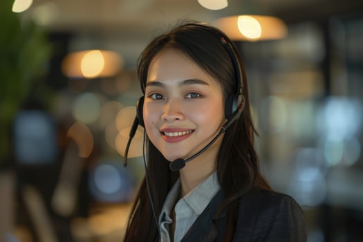 A Attractive American Professional Girl Providing Customer Support Against Blurry Office in Background photo