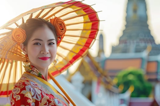 Young Asian woman in a traditional Thai dress and hat. Welcome to Thailand. Wat temple in the background photo