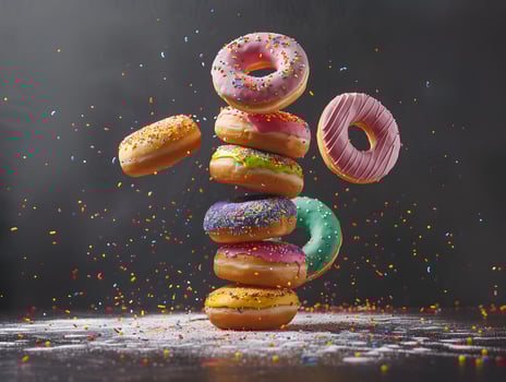 Delicious sweet donuts with filling, covered with colored glaze and sprinkles. Neural network photo