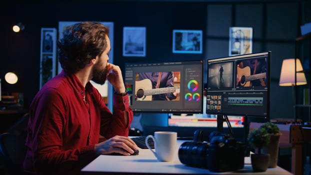 editor arranging recorded stock clips into seamless whole in creative media studio using computer. Videographer assembling recorded footage into finished project, panning shot photo