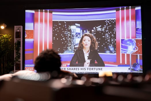 Man lounged on cozy couch, watching breaking news broadcast while relaxing in apartment. Homeowner chilling on couch, looking at VOD TV channel showing journalism reportage photo