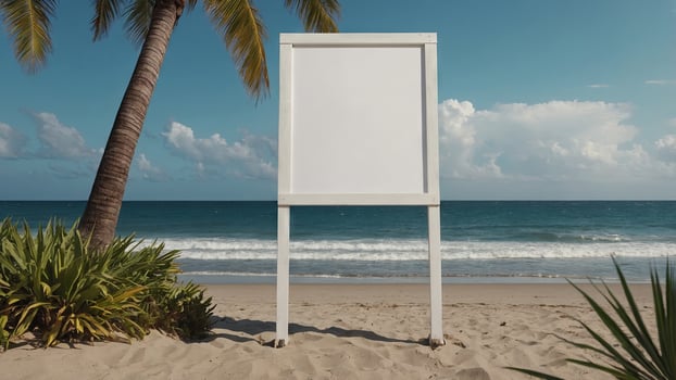 mockup of a blank cover white poster sign with a beach summer vacation background. photo