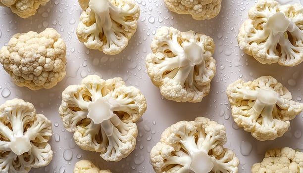 food concept. Fresh a pile of Halved cauliflower against a white background photo