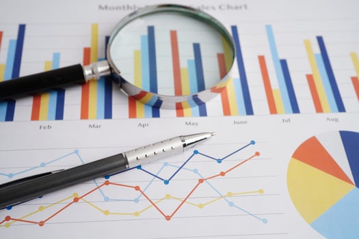 Magnifying glass on charts graphs paper. Financial development, Banking Account, Statistics, Investment Analytic research data economy. photo
