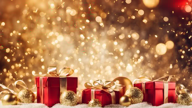 Three red gift boxes with a shinny bow adorned gold balls, yellow ribbon on snow. golden bokeh light background. photo